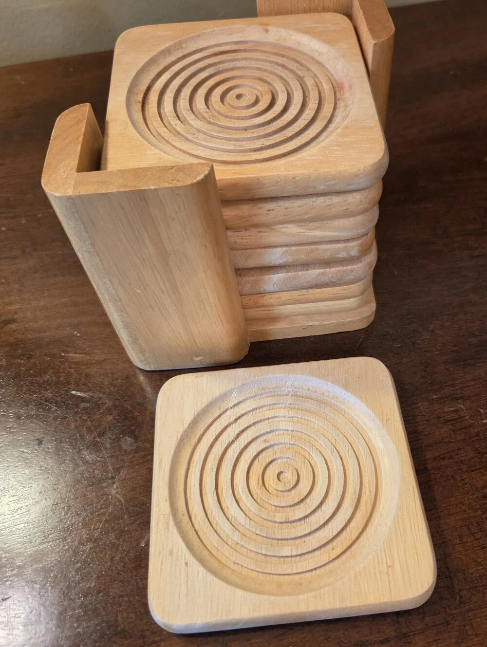 Set of 8 Vtg Solid Light Colored Wood 4” Coasters w/ Coaster Holder Modern Swirl